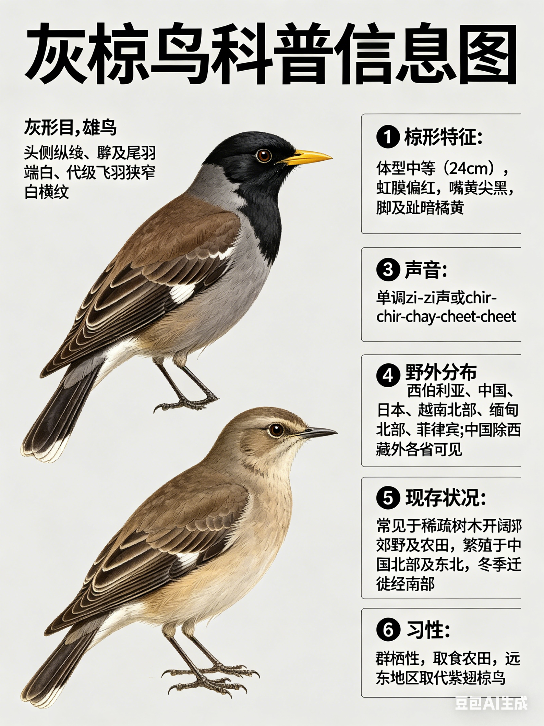 鸟类朋友图鉴 灰椋鸟·科属：雀形目，椋鸟科。·外形特征：体型中等（24cm）的棕