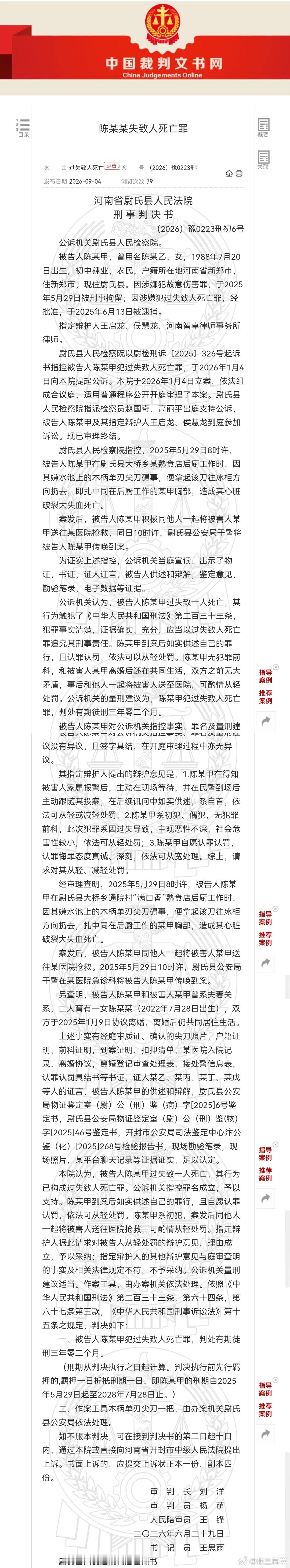 意难平！找到了判决书，但没具体细节。女子在厨房嫌水池上的“木柄单刃尖刀”碍事，拿