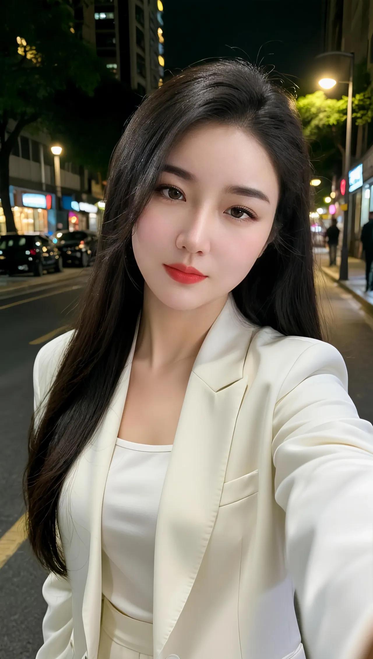 都市夜色下的优雅白领，自信微笑，时尚穿搭。