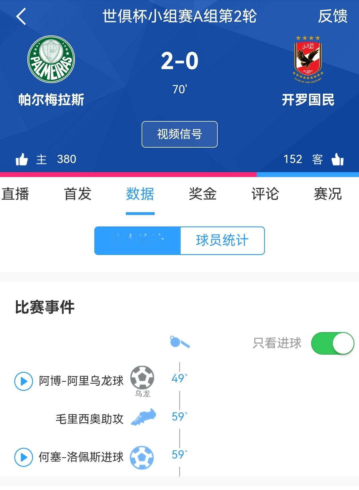 【关于对手】本该早结束的同组比赛帕尔梅拉斯vs开罗国民 ，由于天气原因中断了一个