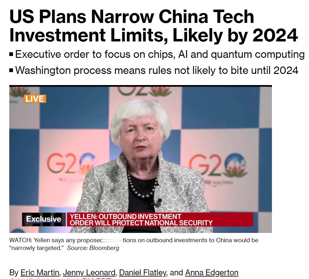 美国正在制定一份限制对华尖端科技投资的清单，可能到2023年8月底完成。已经拖了