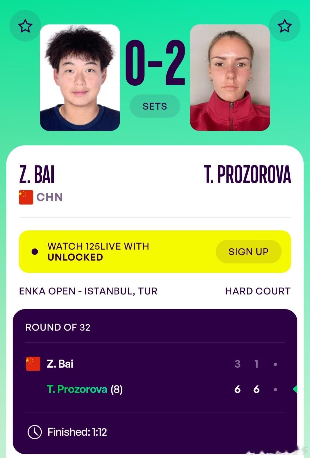 WTA125伊斯坦布尔站🇹🇷女单第1轮白卓璇🇨🇳3-6/1-6不敌8号种
