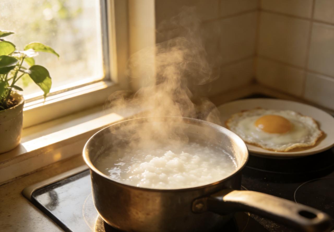 早晨被窗外的鸟鸣唤醒，推开窗是带着露水味的清风。厨房里粥在锅里咕嘟咕嘟冒泡，煎蛋