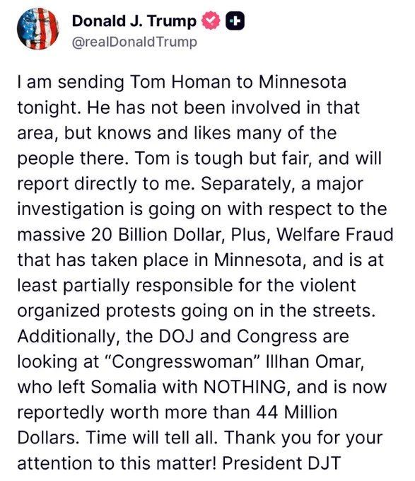 川普宣布将派遣Tom Homan前往明尼苏达州，理由是当地动荡以及联邦正在调查涉