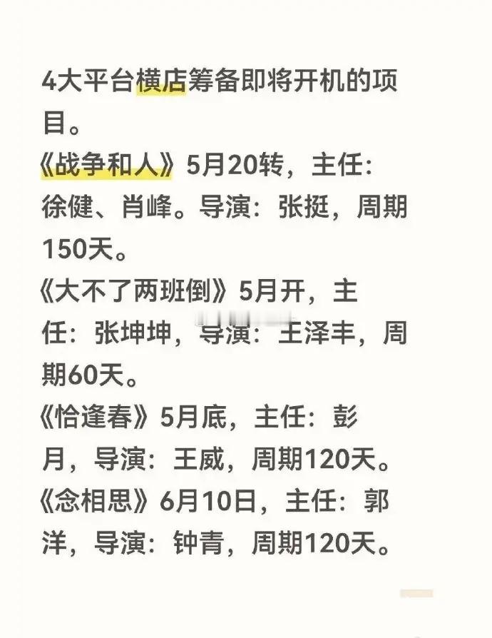 横店四大平台筹备新剧来袭，5-6月多部剧集开机！《战争和人》《攻玉》《念相思》等