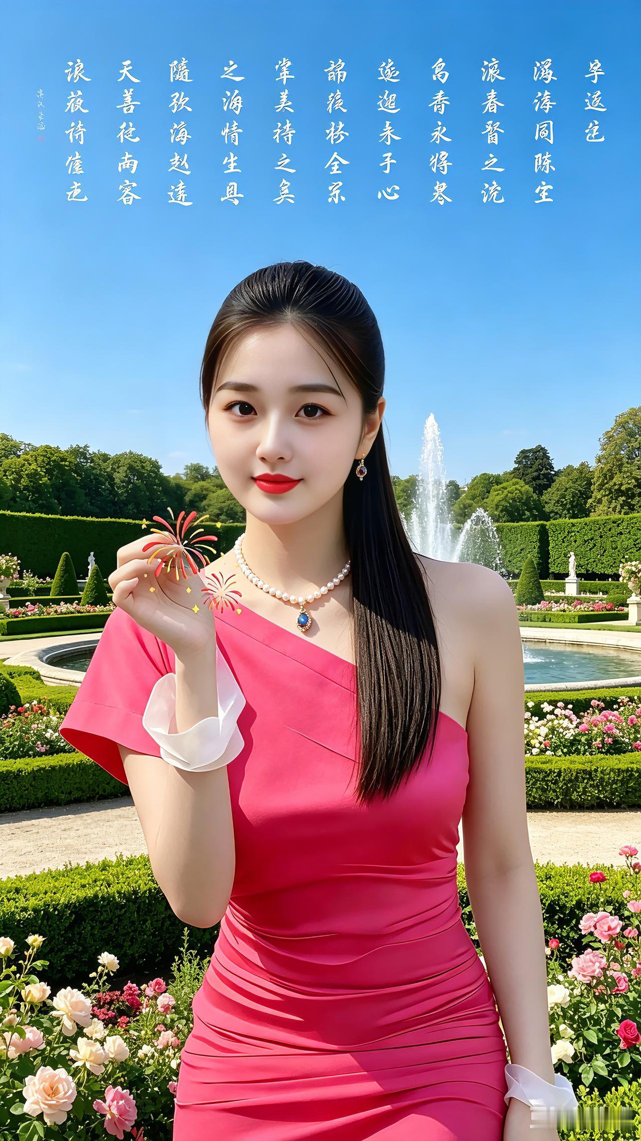 皇家花园美女顺口溜（邀续尾）
佳人伫立皇家园
红妆娇俏意绵绵
珍珠项链颈间绕
宝