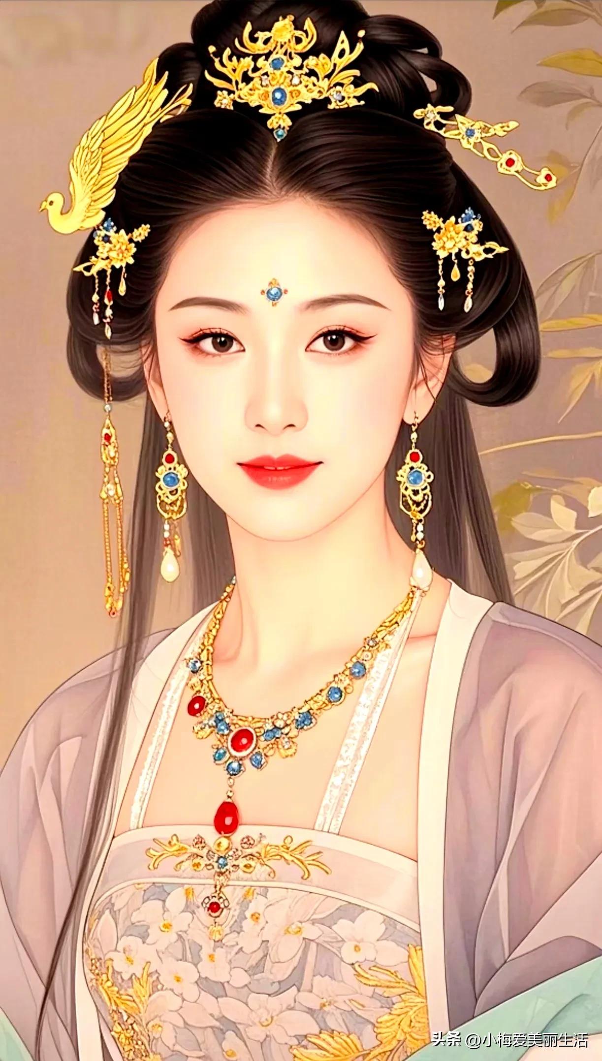 玉簪金钗映，美人似画中。