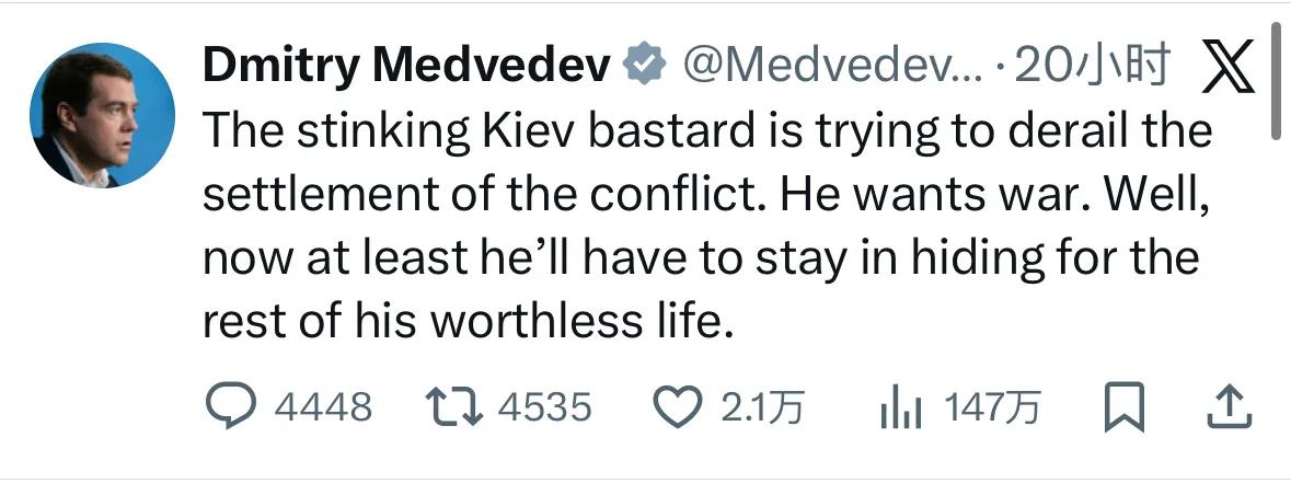 这个喋喋不休的梅德维杰夫每次发文都会充满喜感。 看着他写下的文字，我脑海里总是浮