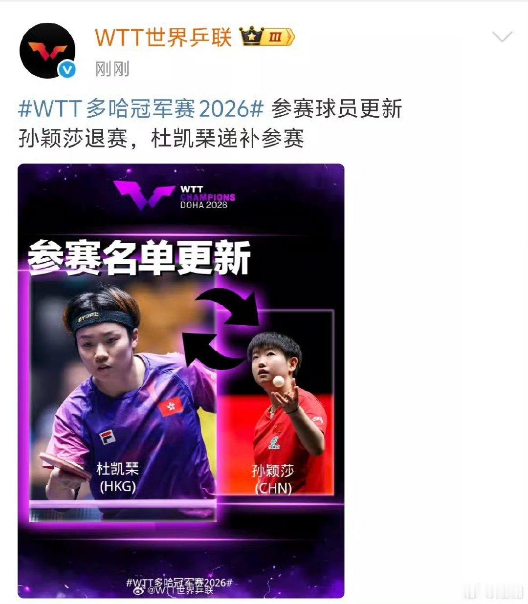 孙颖莎因伤退出多哈冠军赛世乒联孙颖莎退出多哈冠军赛 孙颖莎因伤退赛了 