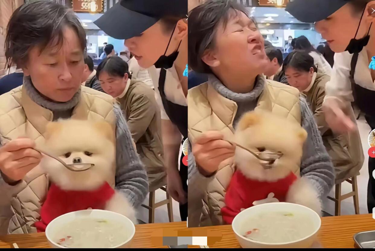 一名女子带着宠物狗在公共餐馆就餐并用公共餐具喂食宠物狗，面对前来制止的工作人员，