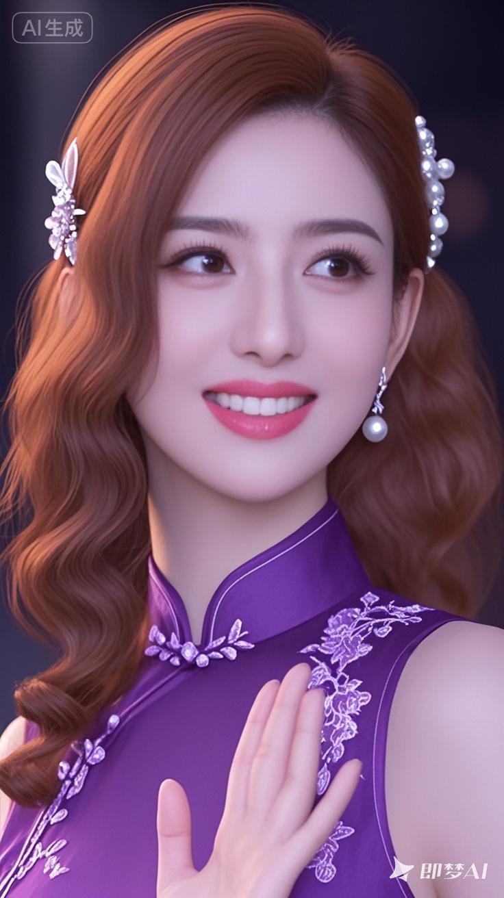 优雅紫衣美人，微笑动人，梦幻般的美！