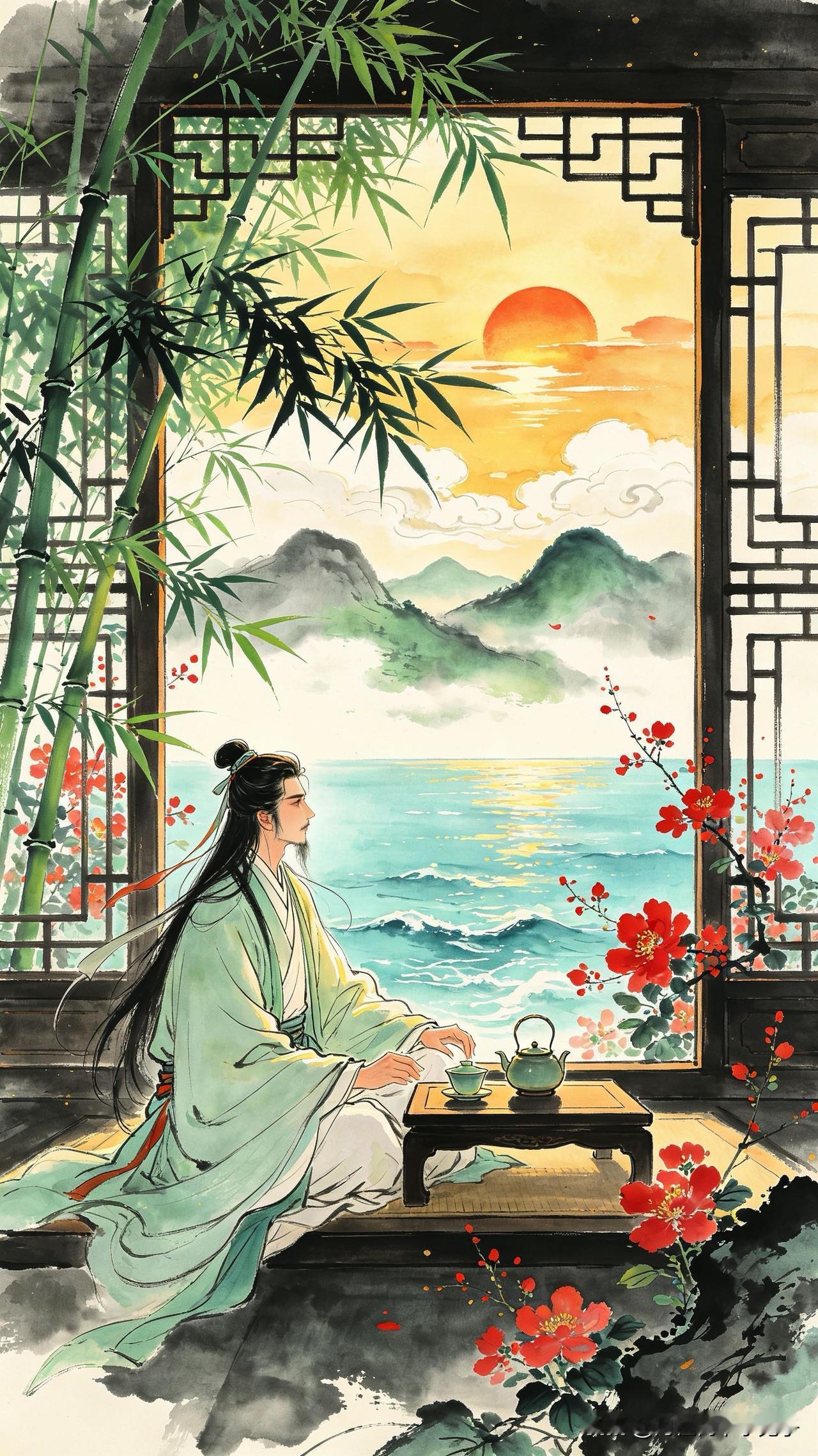 竹影横窗日半斜，
闲烹新茗对庭花。
不知风送云何处，
      
…………请师