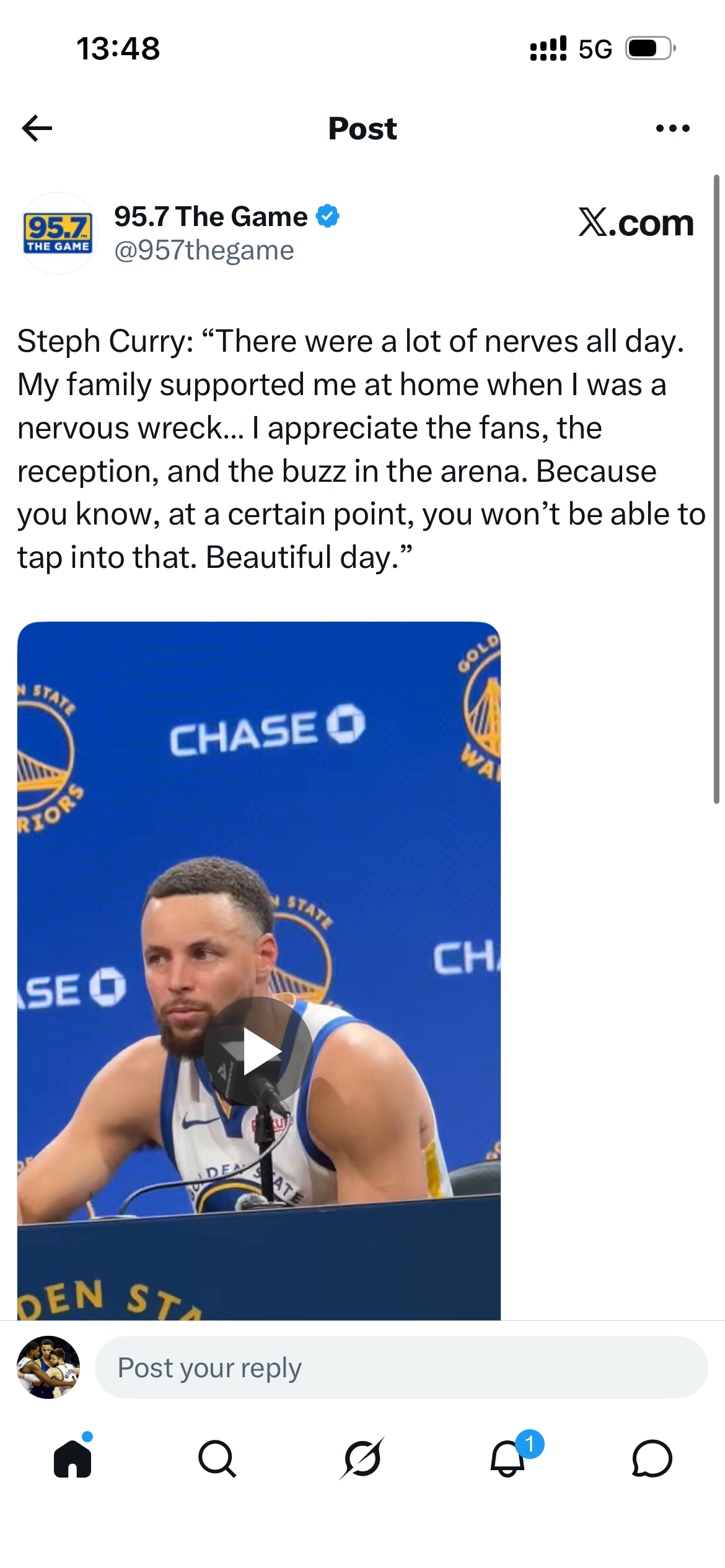 斯蒂芬·库里：“这一整天我都很紧张。当我紧张得不行（或者心神不宁）的时候，家人在