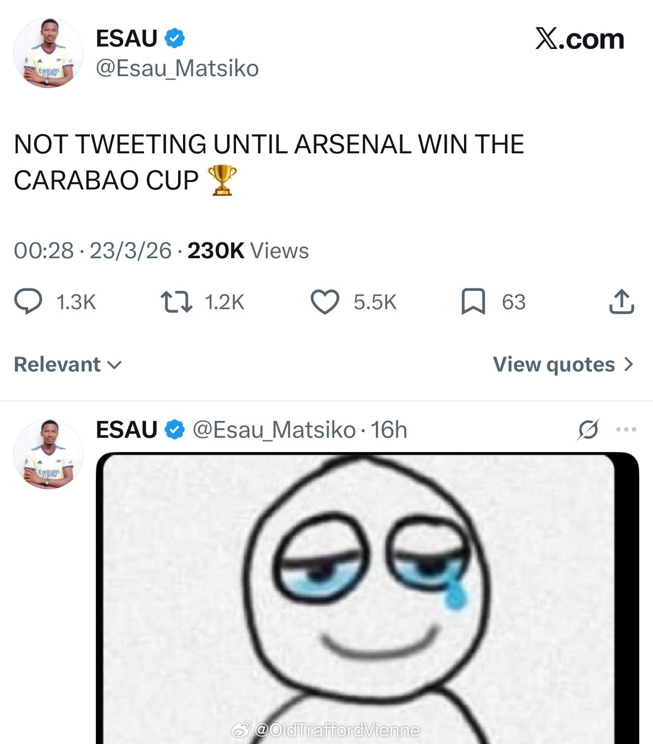 推主：阿森纳不拿联赛冠军不更推！比赛结束：哭辽 