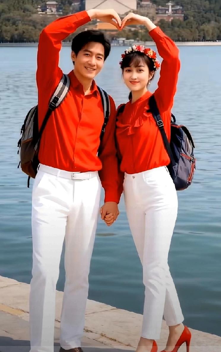 《昆明湖畔的爱情宣言：
一对小情侣身着鲜艳的红色服装，手牵手站在万寿山前
他们仿