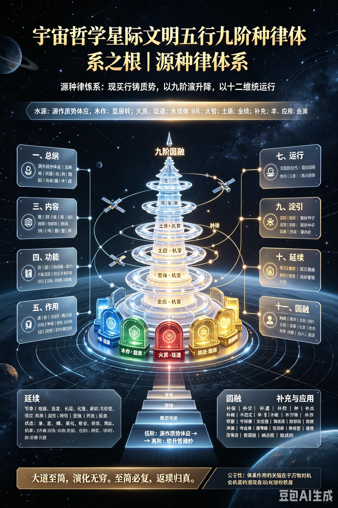 用五行九阶种律体系。这套体系把“金、木、水、火、土”的传统哲思和科学思维的进阶路