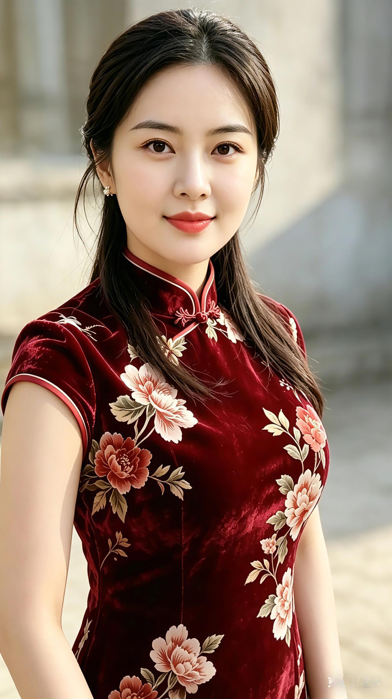 这姑娘身着红色花旗袍，真是明艳动人！红绒旗袍绽牡丹，
温婉含笑气质娴。
古韵风姿