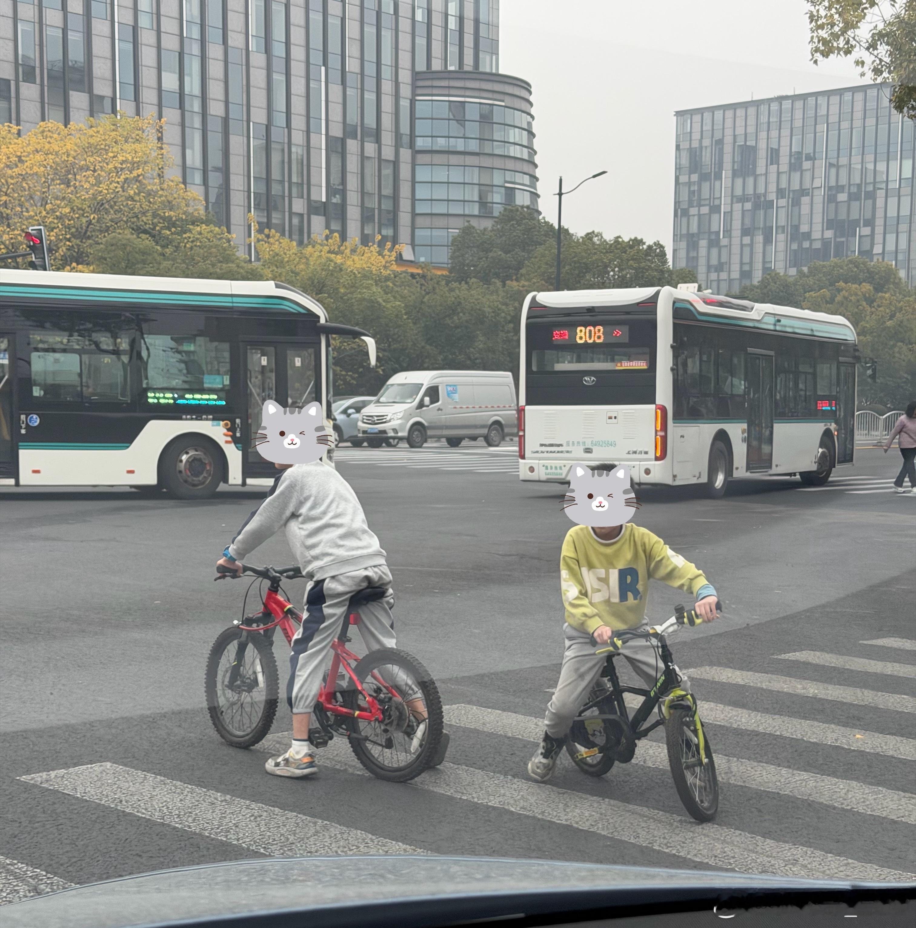 家长心真大，没有任何家长监护的情况下，两个小朋友到大马路上骑自行车