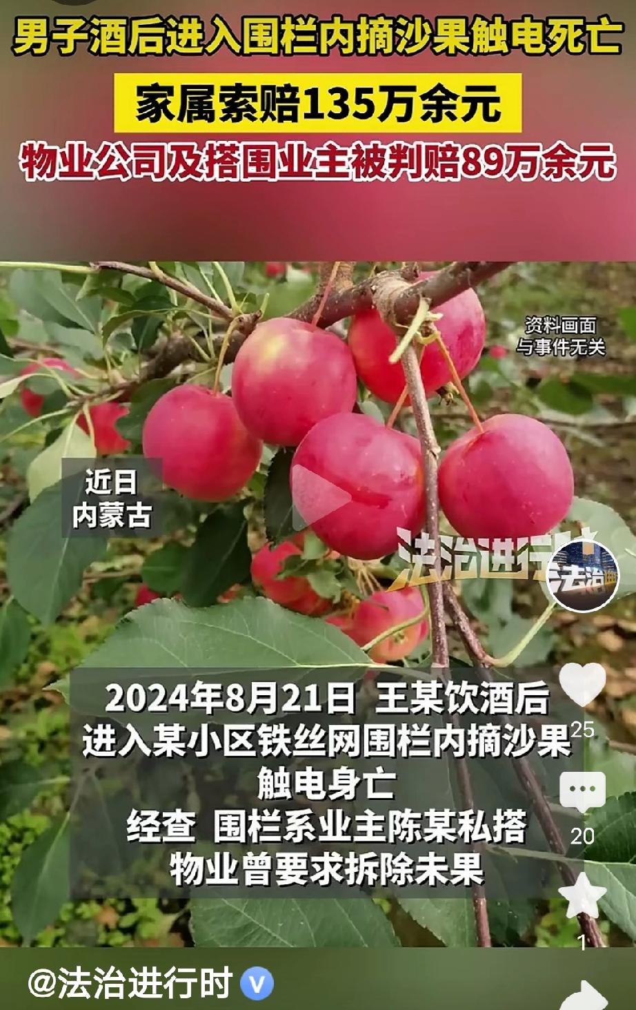内蒙古呼伦贝尔，一男子醉酒后，翻过小区里一处铁丝网围栏摘果，没想到，离开时铁丝突