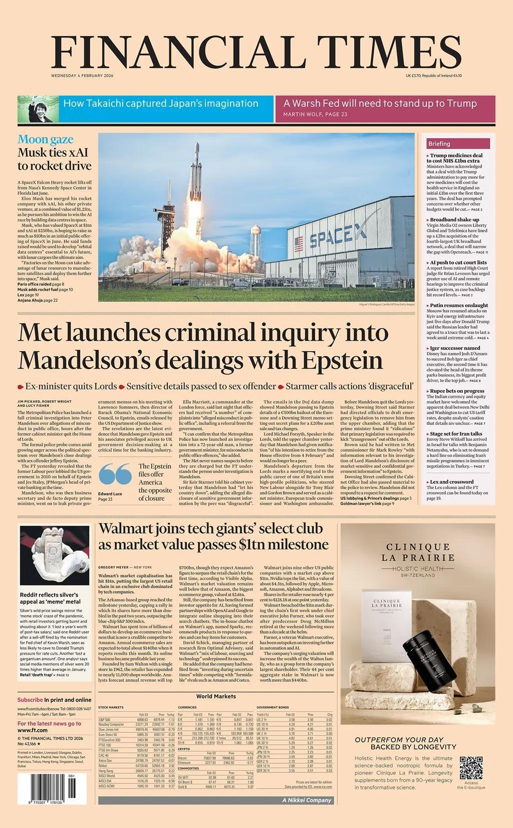 《金融时报》头版报道称，美国富豪马斯克将xAI与火箭业务联系起来。
照片显示， 