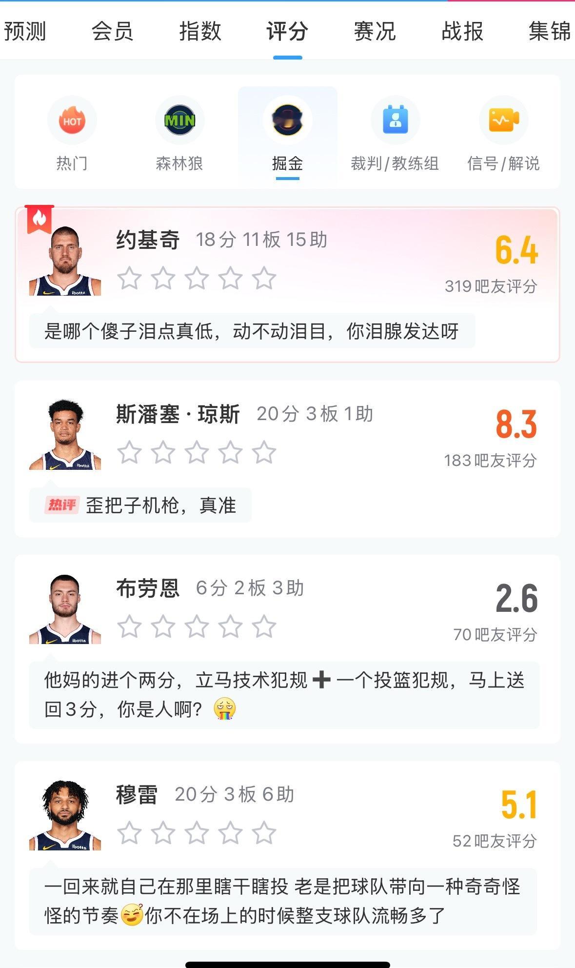 掘金领先森林狼这么多 看看约基奇和穆雷的评分 虎扑被霸占多年 现在直播吧也被霸占