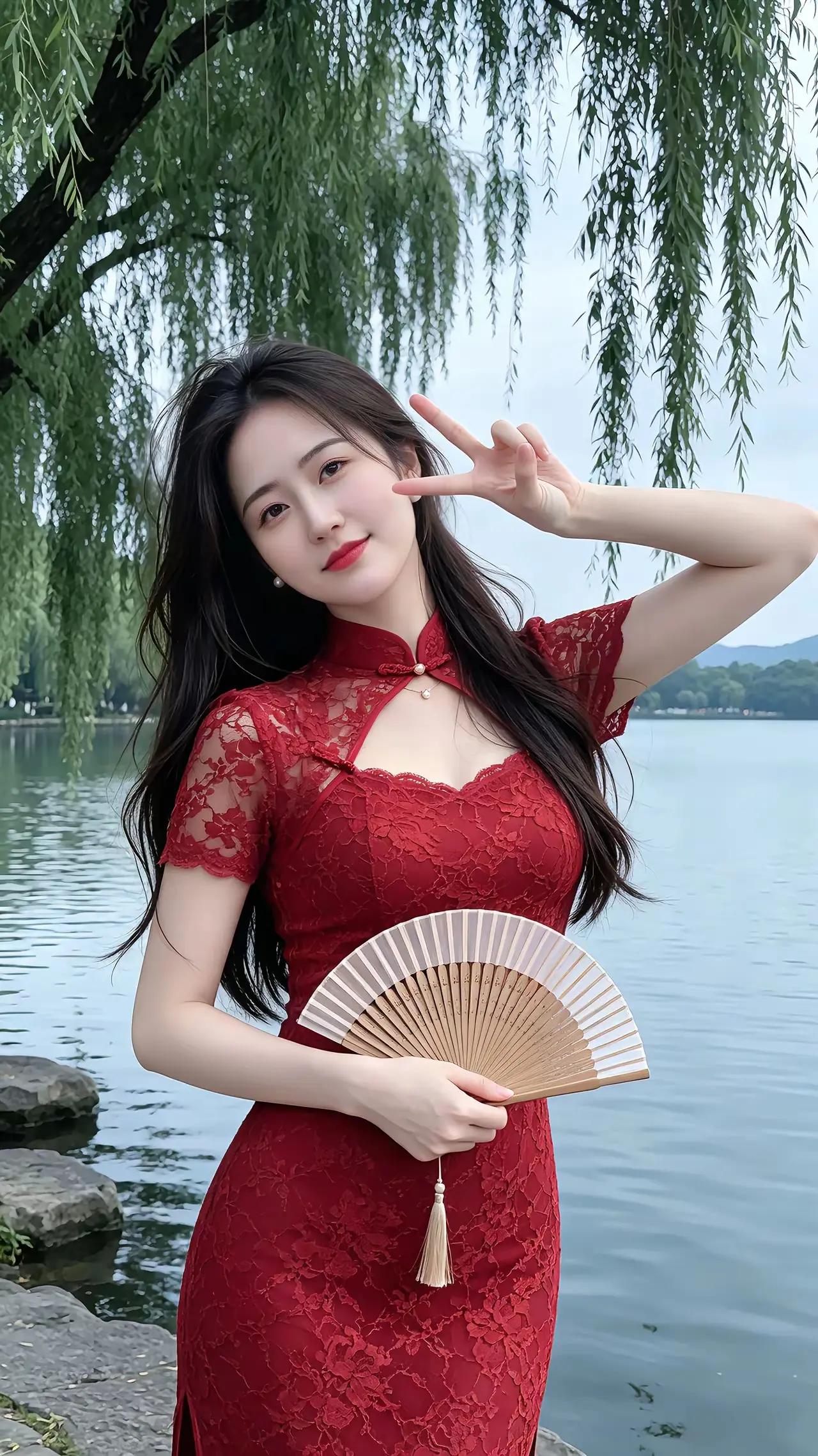 湖畔美人扇，红衣映碧波。用照片分享美好生活