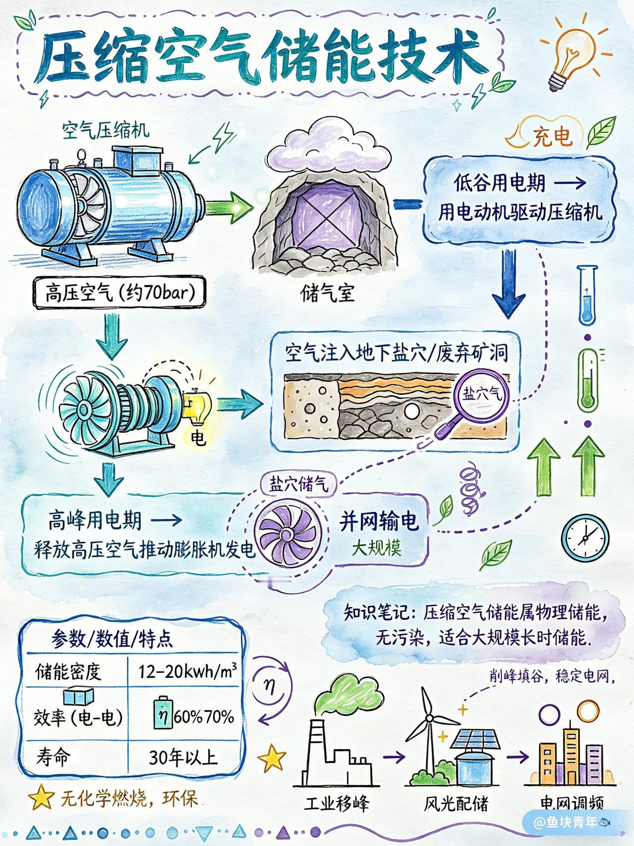 压缩空气储能技术：把多余的电用来压缩空气，高压空气密封在地下洞穴里存起来；等用电