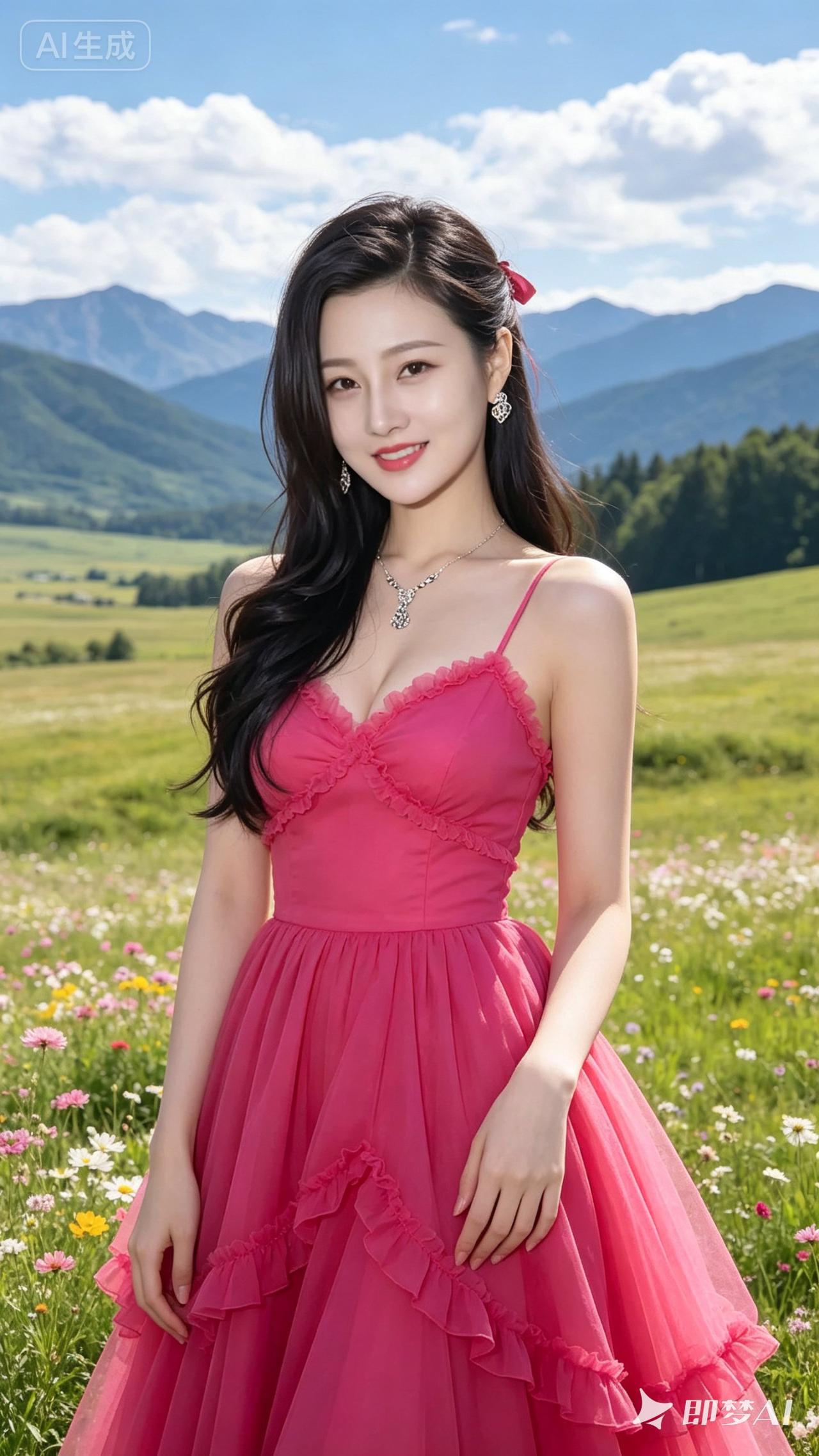 在花海中绽放，粉裙飘飘，甜美如你
