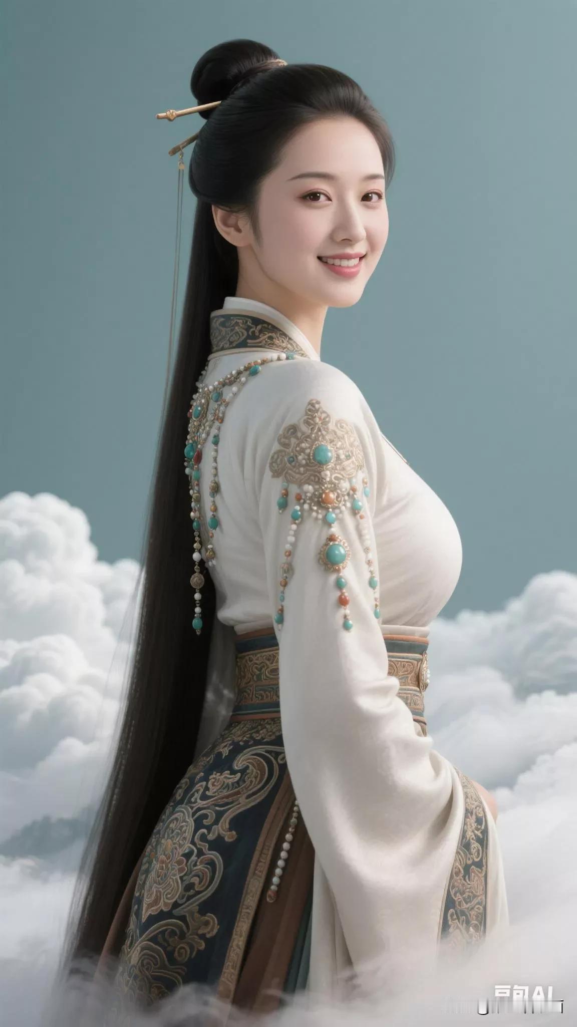 仙气飘飘的汉服少女，云雾缭绕中，宛如画中仙子。张立启原创书画AI作品古仕女发髻集