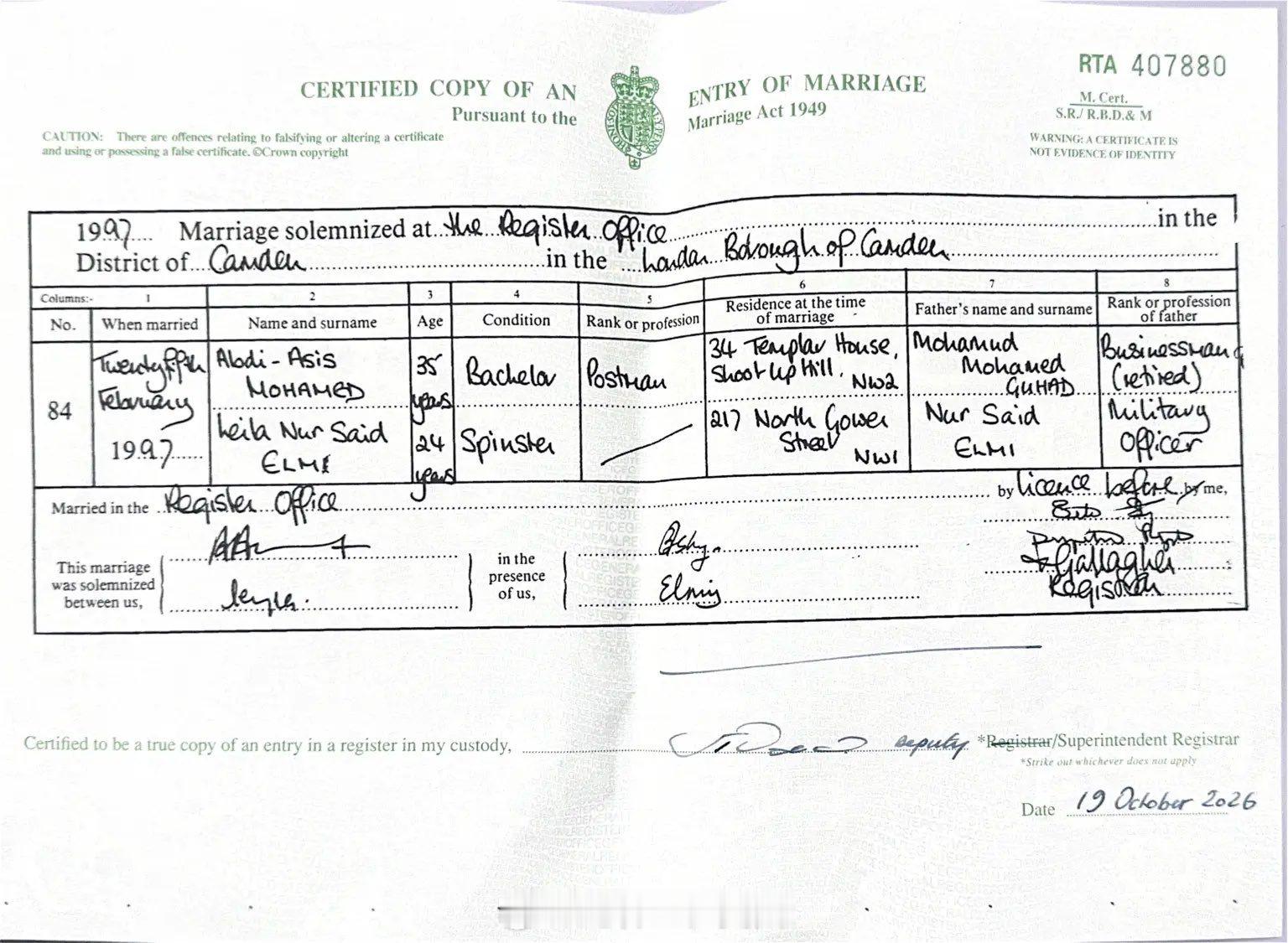 一份1997年的英国结婚证书显示，Ilhan Omar姐姐Leila Nur S