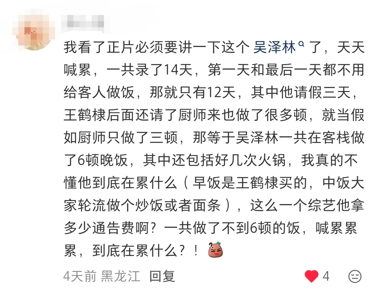 “我看了正片必须要讲一下这个吴泽林了，天天喊累，一共录了14天，第一天和最后一天
