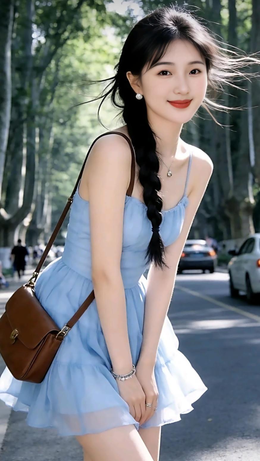 夏日清新穿搭，浅蓝色连衣裙搭配棕色包包，少女感十足！🌞👗👜