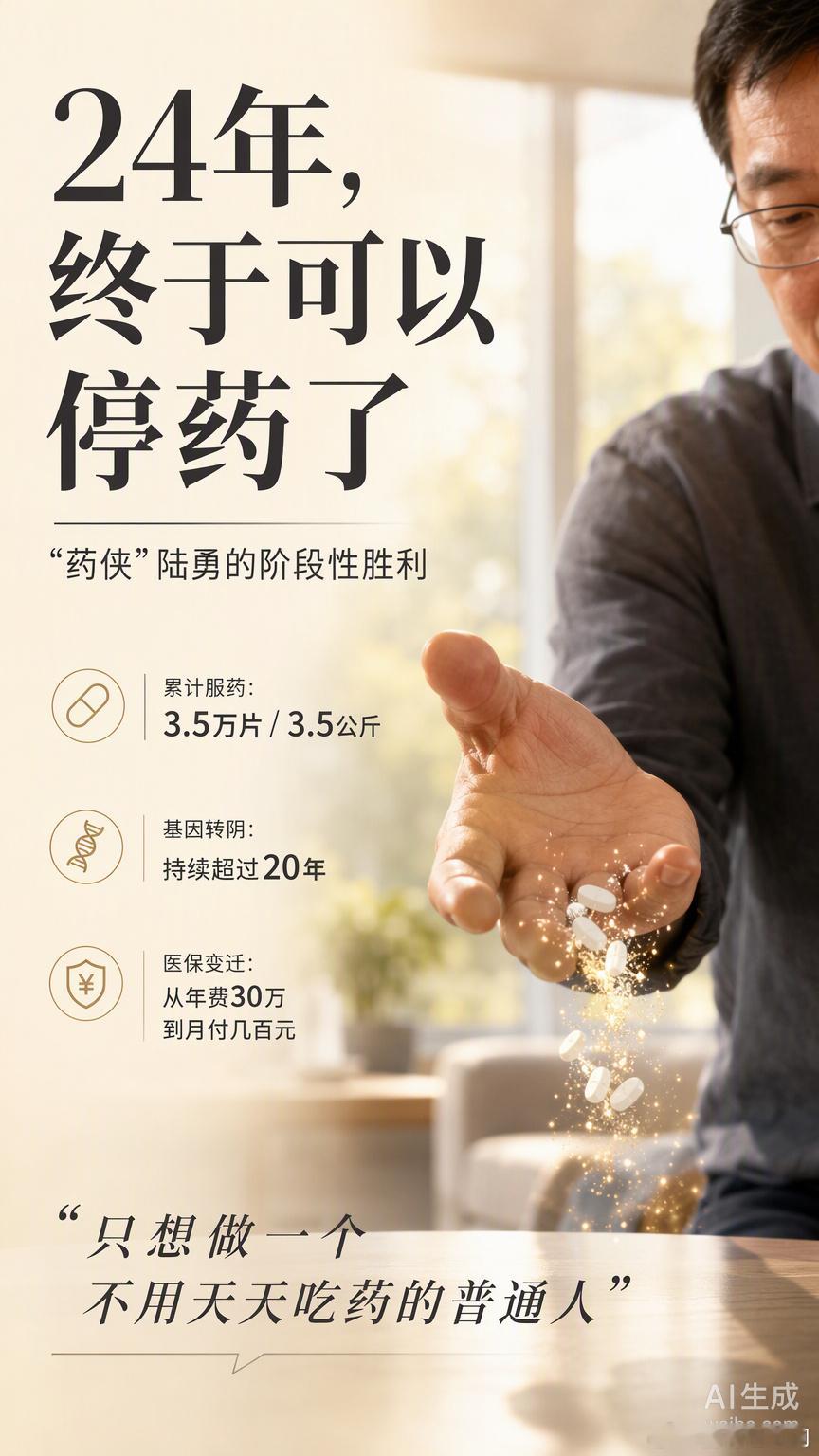陆勇在确诊慢粒白血病24年后，终于等到了可以停药的一天。从2002年到现在，他累