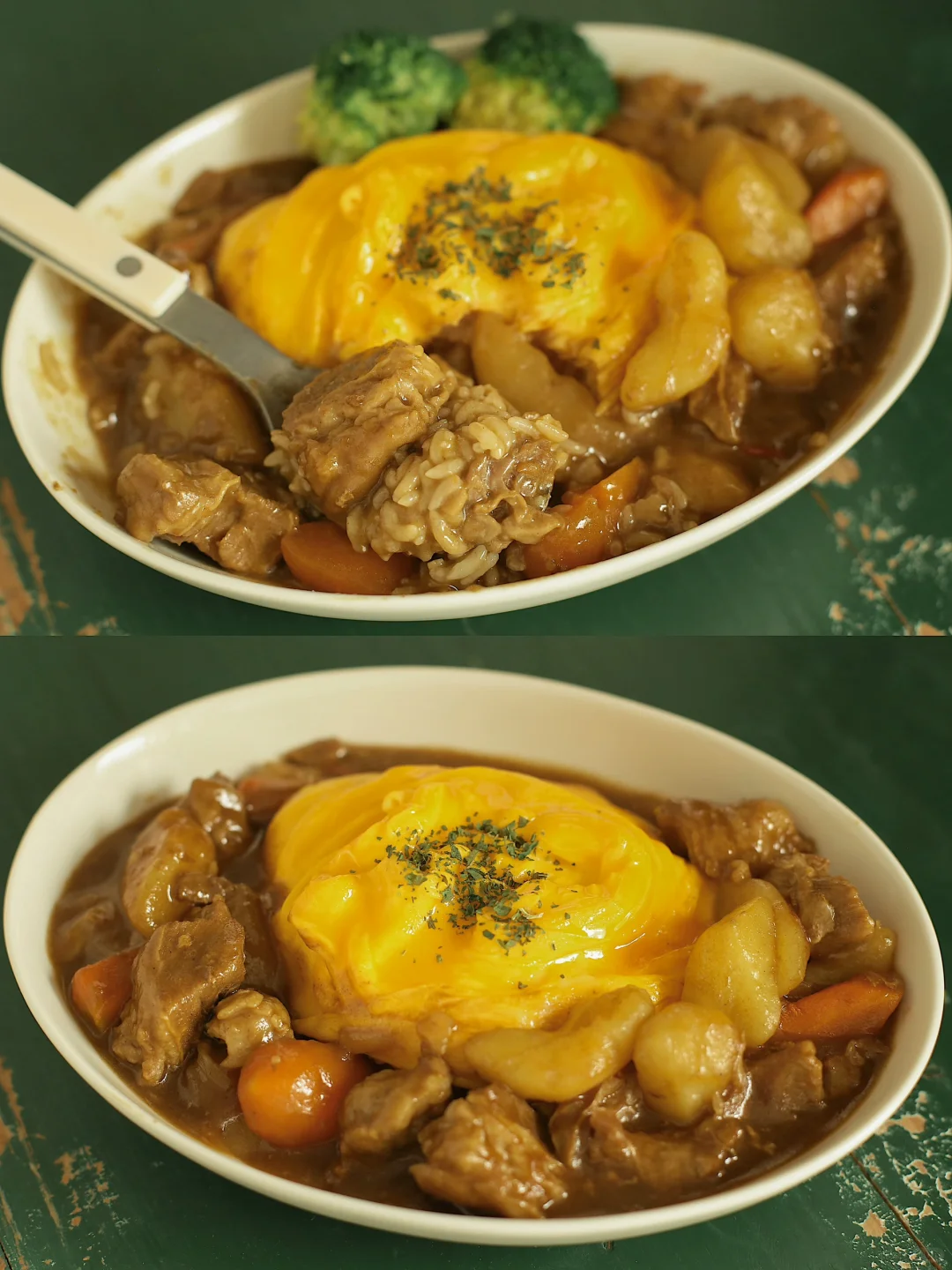 吃着超过瘾的大块牛肉滑蛋咖喱饭。