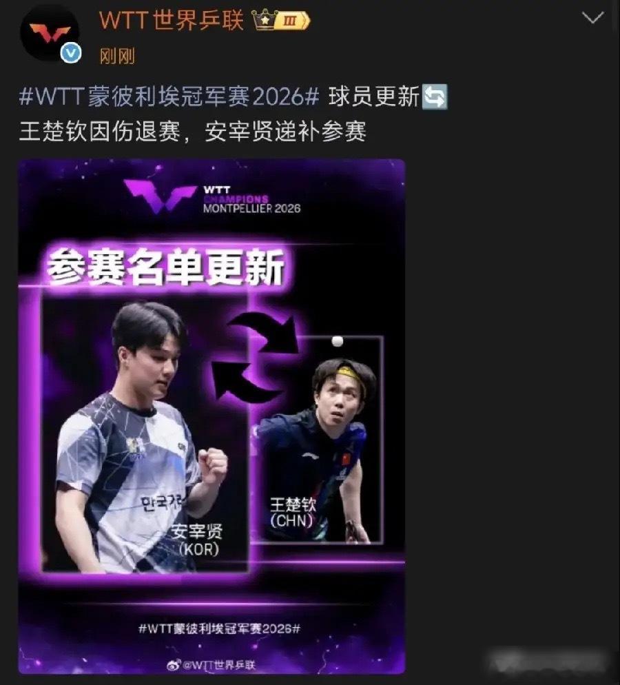 官宣了！王楚钦果然退赛了，这是不是就意味着，年底的香港总决赛他也参加不了了，记得