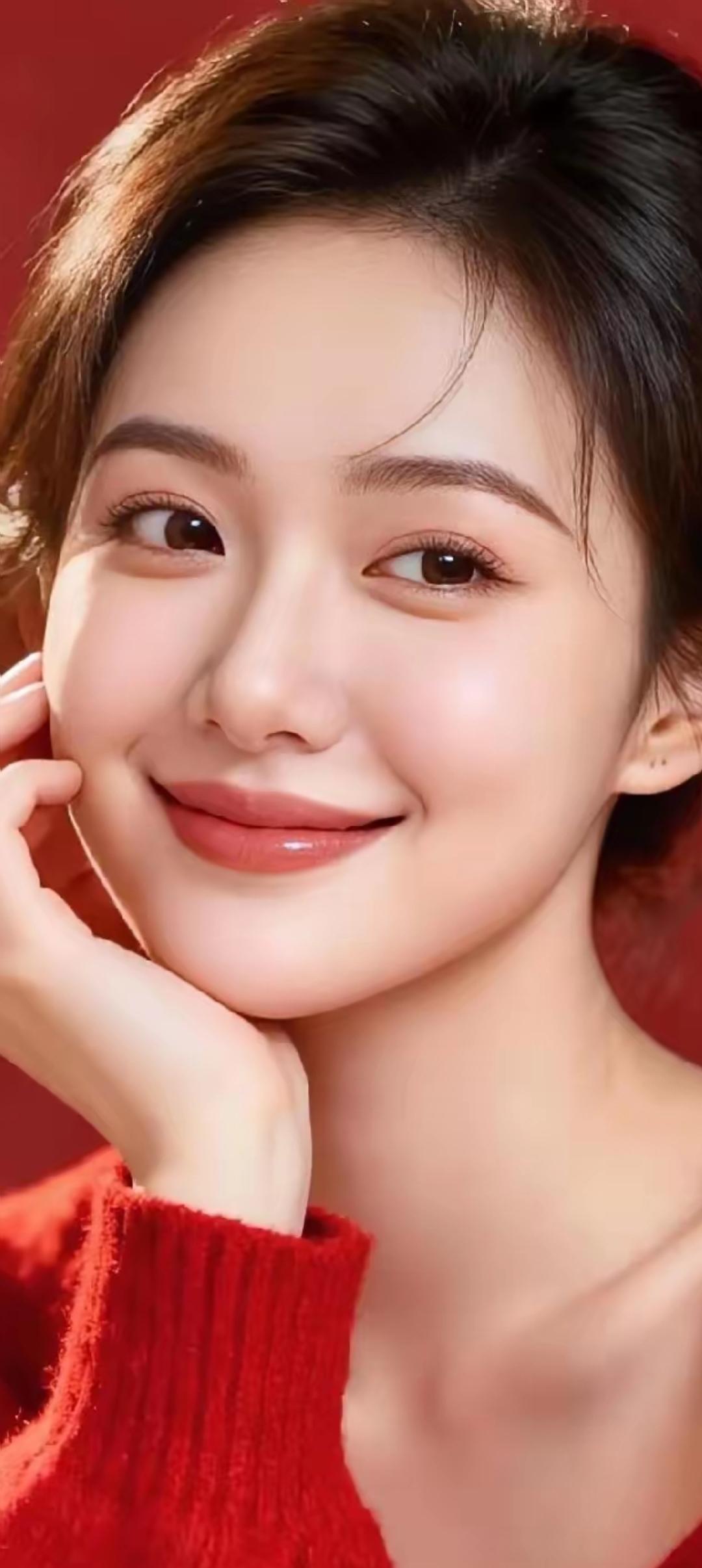 温柔甜美的微笑，红衣少女，冬日暖阳下的温暖瞬间。