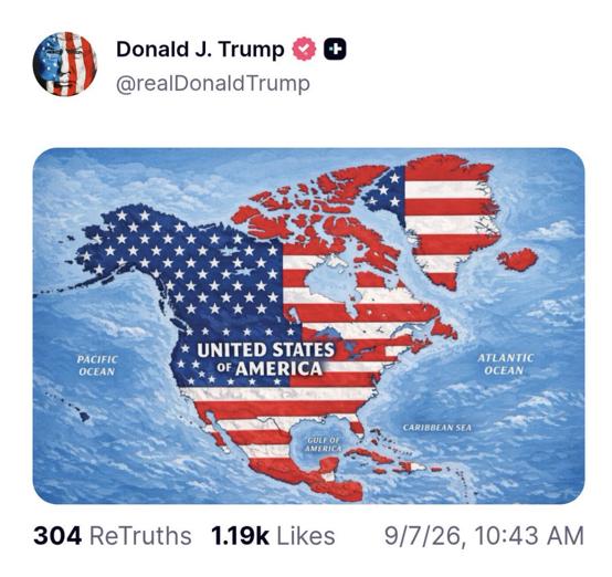 特朗普周一在Truth Social上发布了一张地图，图上把加拿大、墨西哥、古巴