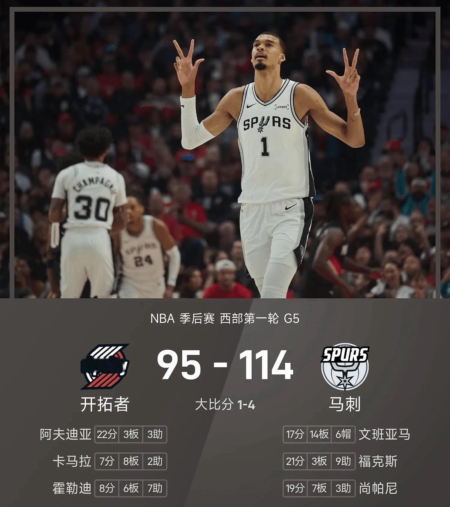 NBA季后赛首轮G5，马刺主场迎战开拓者。首节比赛，瓦塞尔跳投率先得分，阿夫迪亚