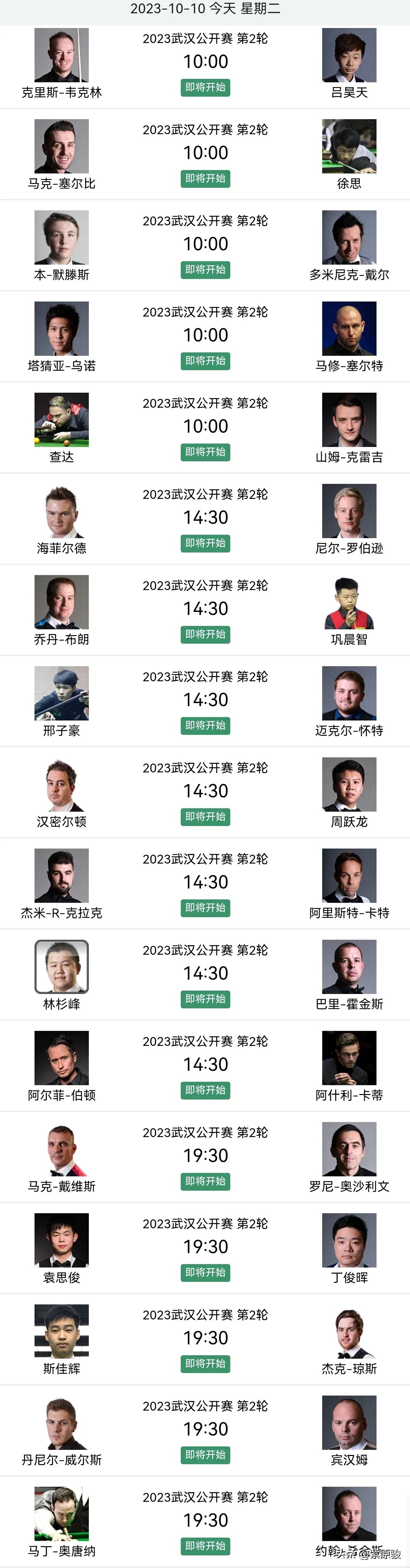 武汉公开赛第二轮今天将进行17场比赛，中国军团8人出战，对手都很强；丁俊晖19点
