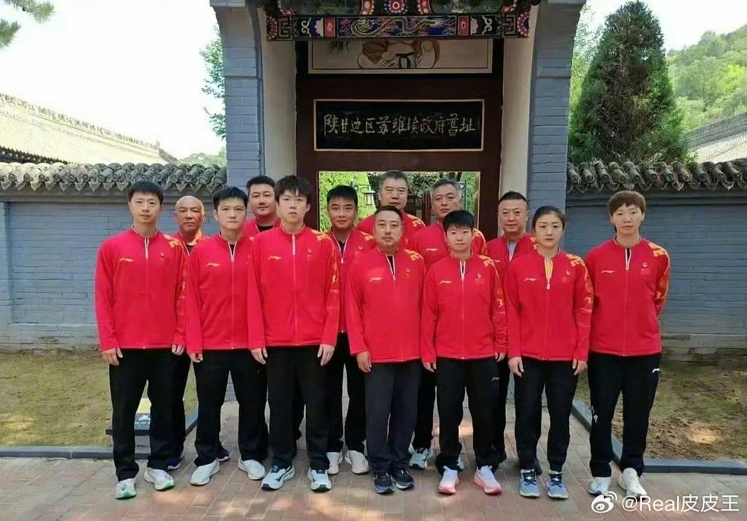 今日份国乒大合照。前排：马龙、樊振东、王楚钦、刘国梁、孙颖莎、陈梦、王曼昱。 ​