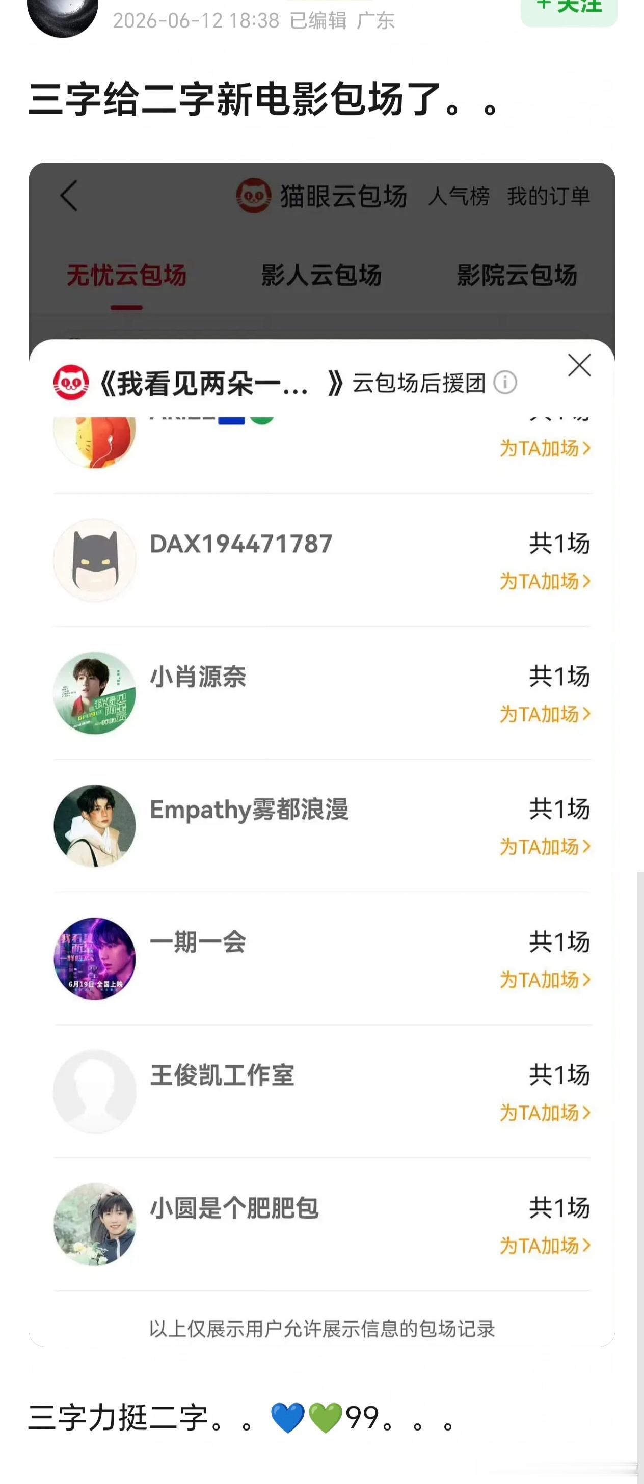 王俊凯包场支持王源新电影《我看见两朵一样的云》，但是只包了一场会不会太少了？ 