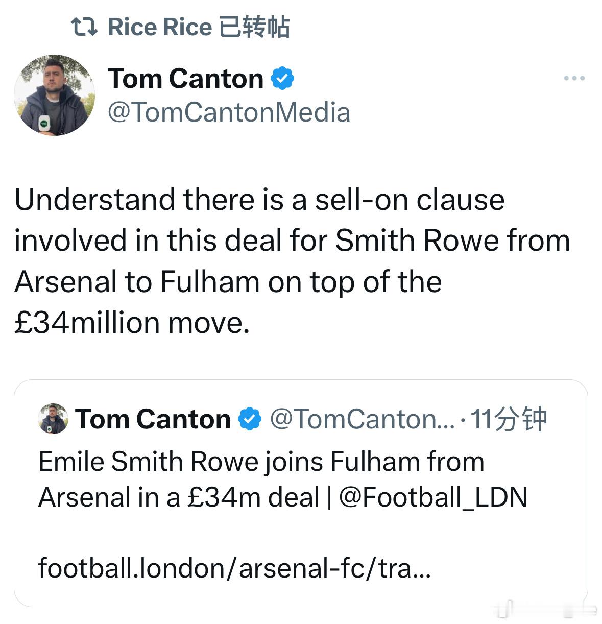 据了解，S罗的交易除了£27m+£7m的转会费外，还包括二次出售条款。#阿森纳[