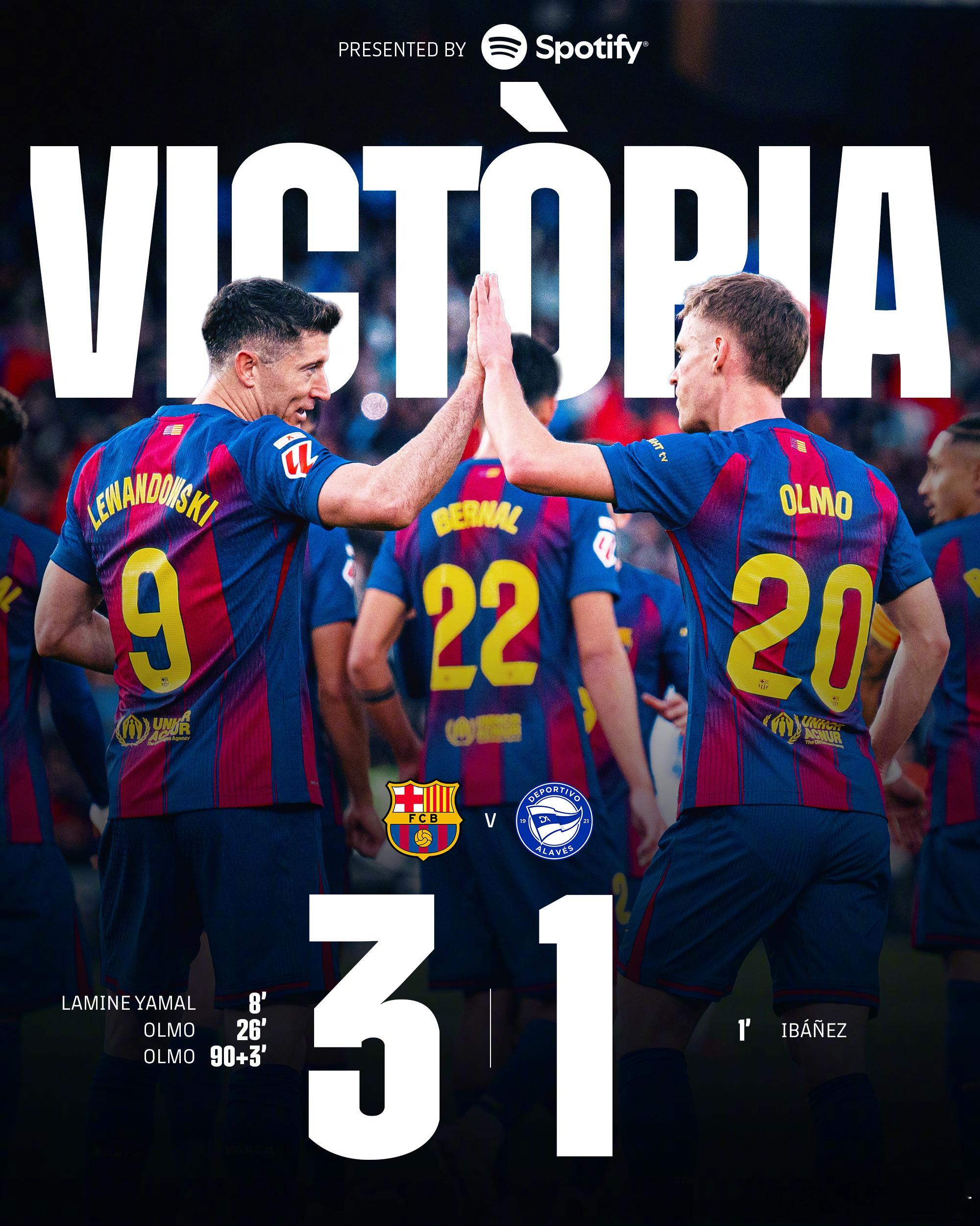 西甲联赛全场比赛结束，巴塞罗那 3-1 阿拉维斯竞技进球：拉明·亚马尔8’（莱万