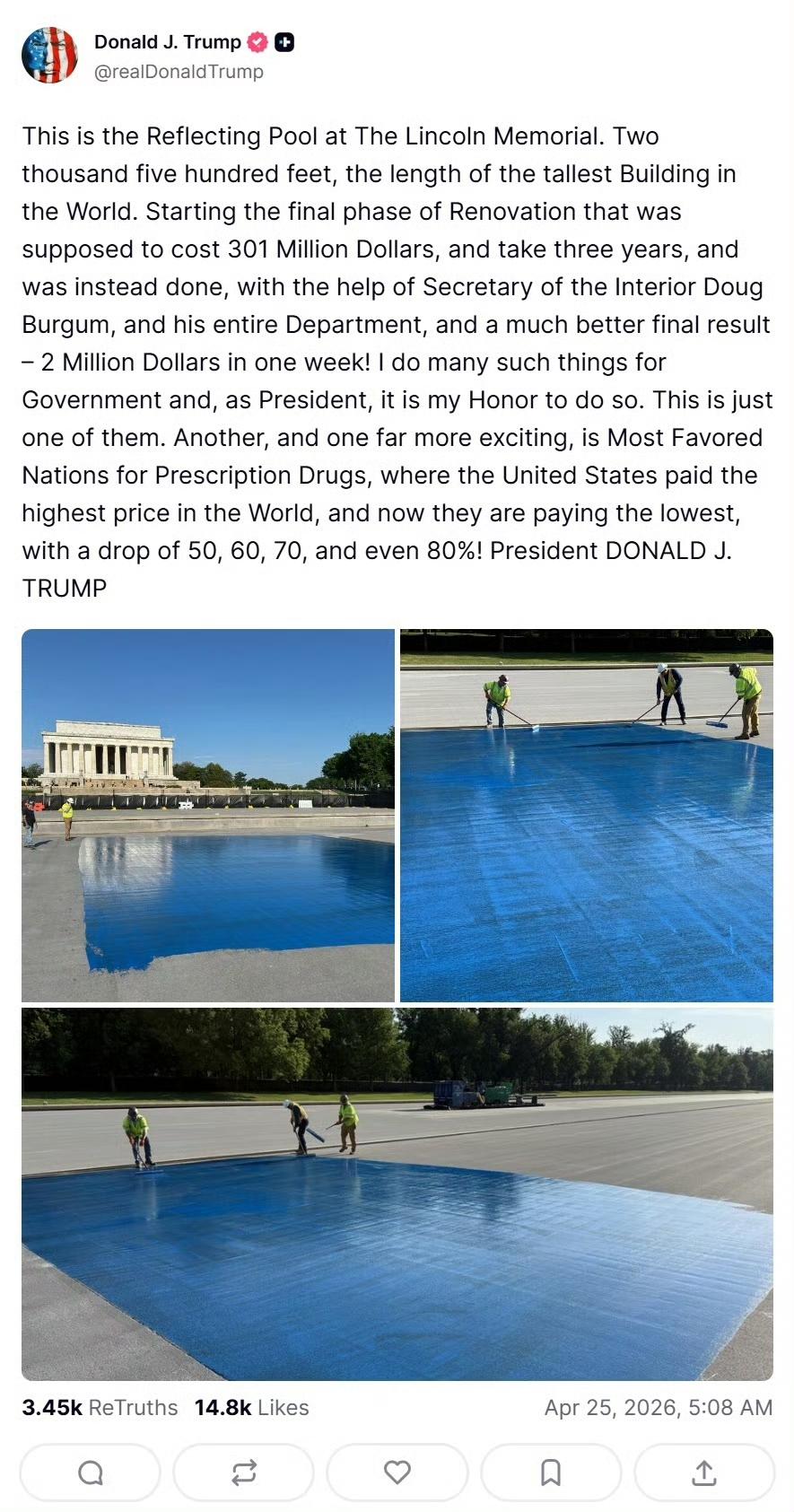 滥漆充数[偷笑]！同样一方林肯纪念堂倒影池，原本是规划三年工期、耗资超三亿美金的