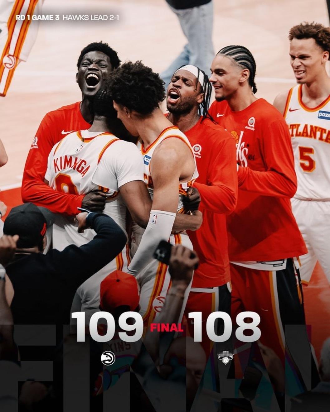 4月24日NBA季后赛战报（3场）：

尼克斯108-109老鹰，总比分1-2