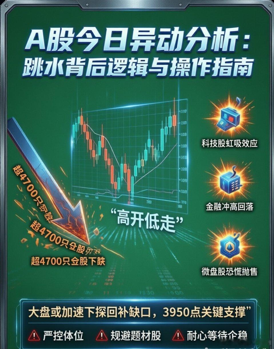 今日A股异常跳水下跌！一、 盘面现状：高开低走，个股普跌今日A股早盘尝试拉升后迅