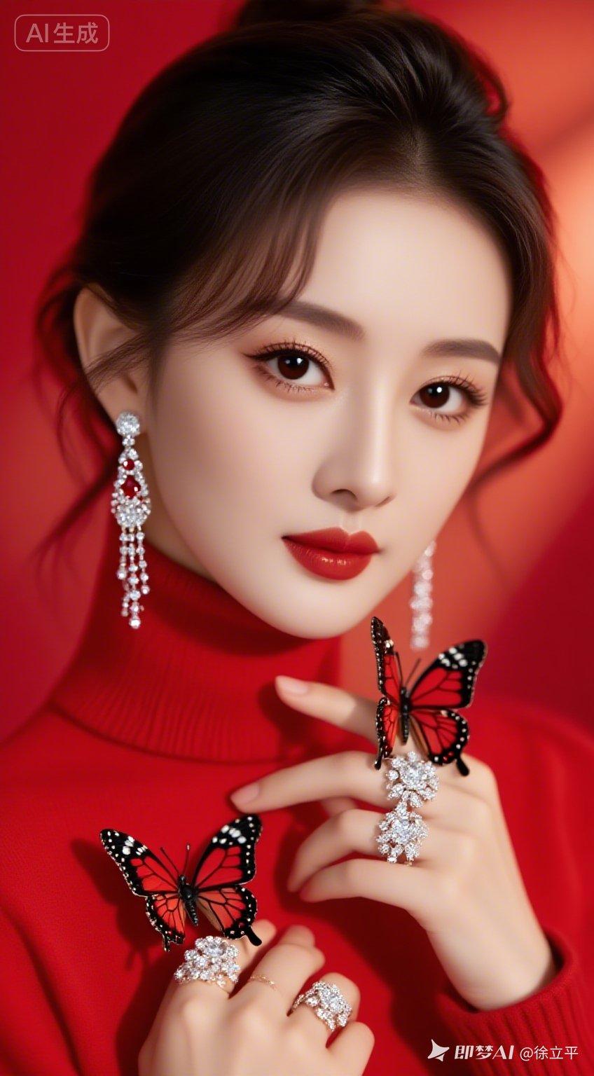 惊艳的红色蝴蝶耳饰，搭配精致妆容，尽显优雅气质！💄🦋💎