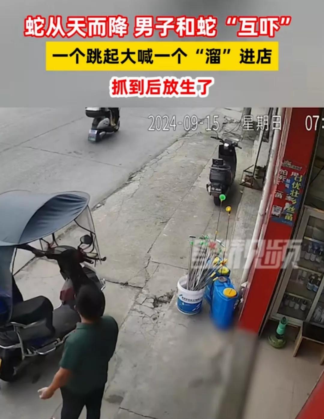 一男子正在店门口和骑着电三轮的朋友聊天，正聊的嗨，一蛇从屋顶从天而降，从他头顶后