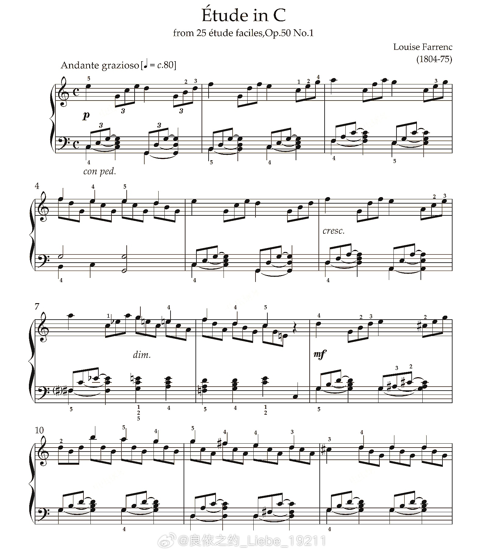 钢琴谱：《Étude in C》Louise Farrenc；钢琴 钢琴教程 音