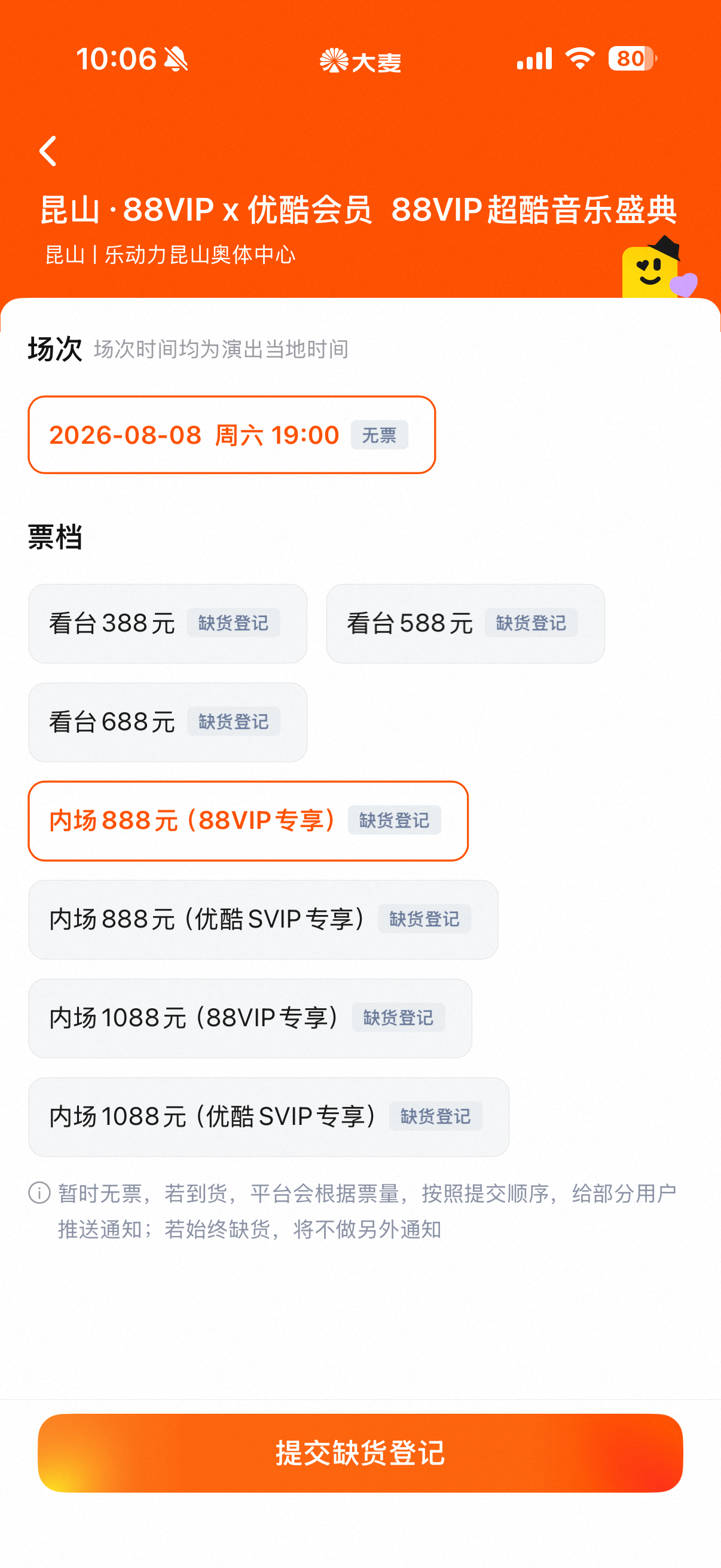 大麦你是不是设置错了啊？看台不是不用88vip吗……… 